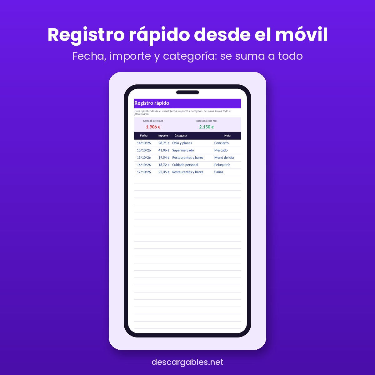 Plantilla de finanzas personales en el móvil: pestaña Registro rápido para apuntar fecha, importe y categoría