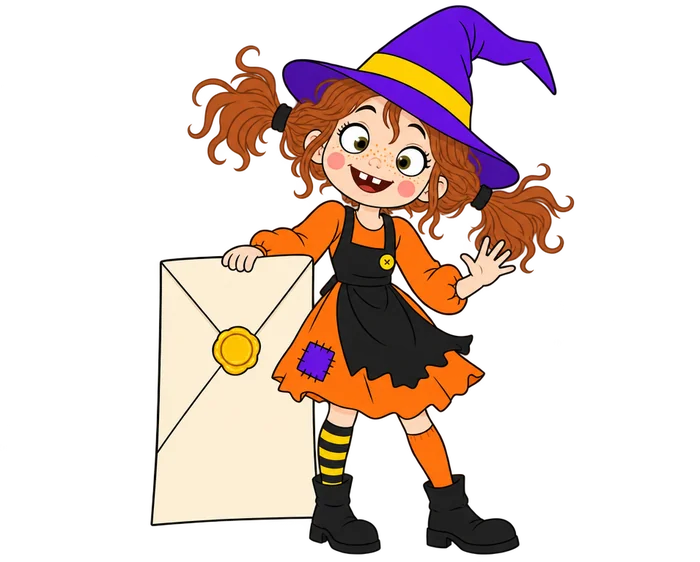 La bruja Rufina saludando junto a la carta de la muestra