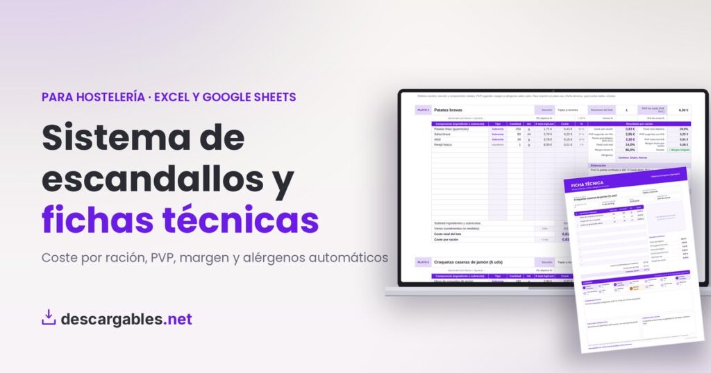 Plantilla de escandallo y fichas técnicas para hostelería en Excel y Google Sheets