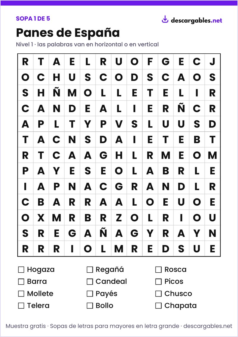 Sopa de letras para mayores en letra grande para imprimir en A4: Panes de España