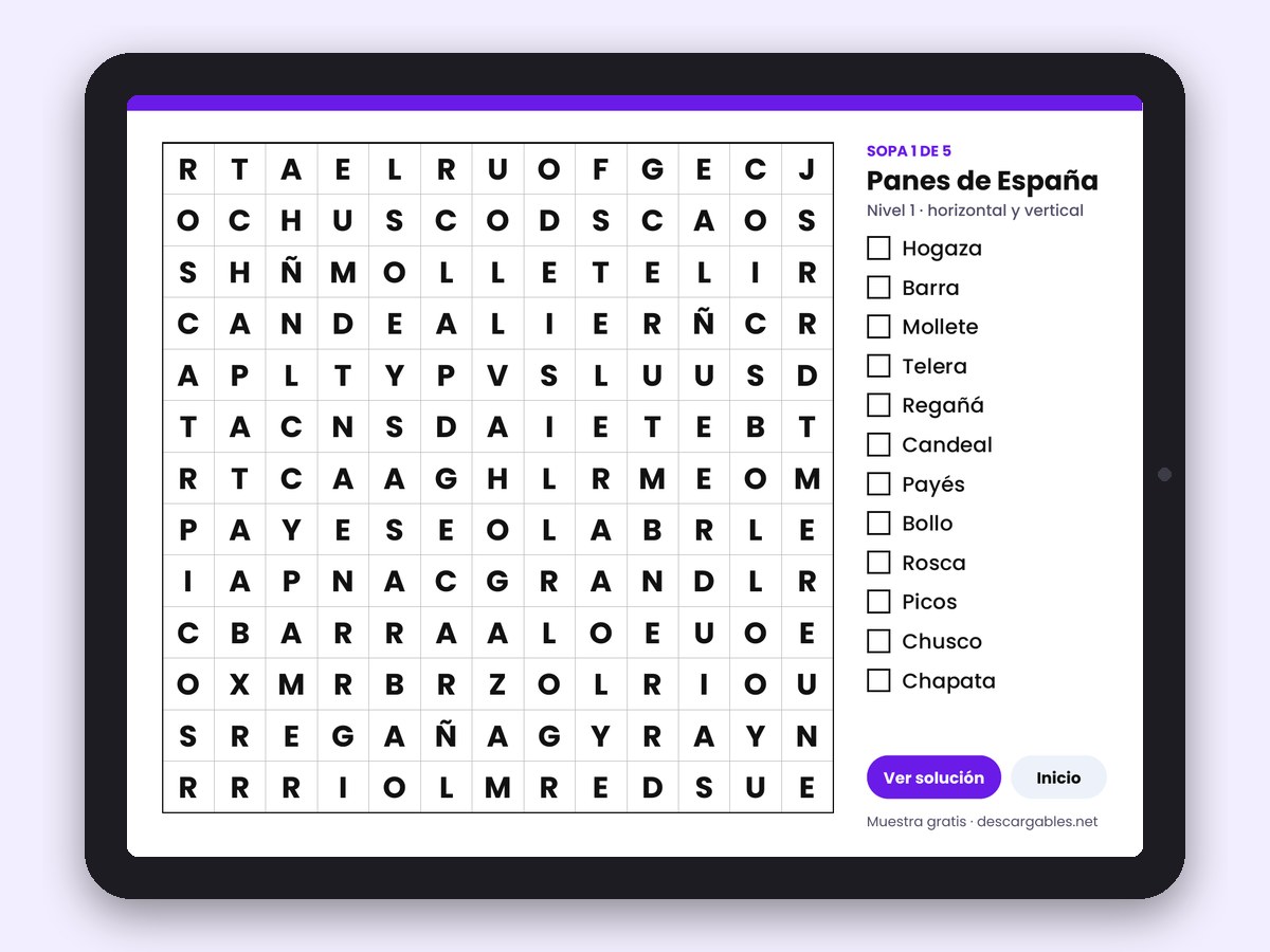 Sopa de letras para mayores en la tablet, con casillas para marcar las palabras