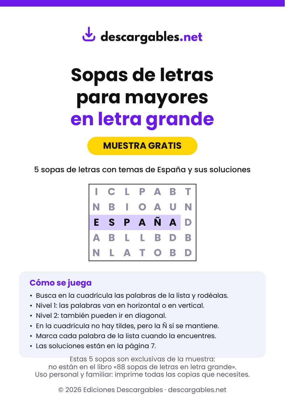 Portada de la muestra gratis de sopas de letras para mayores en letra grande