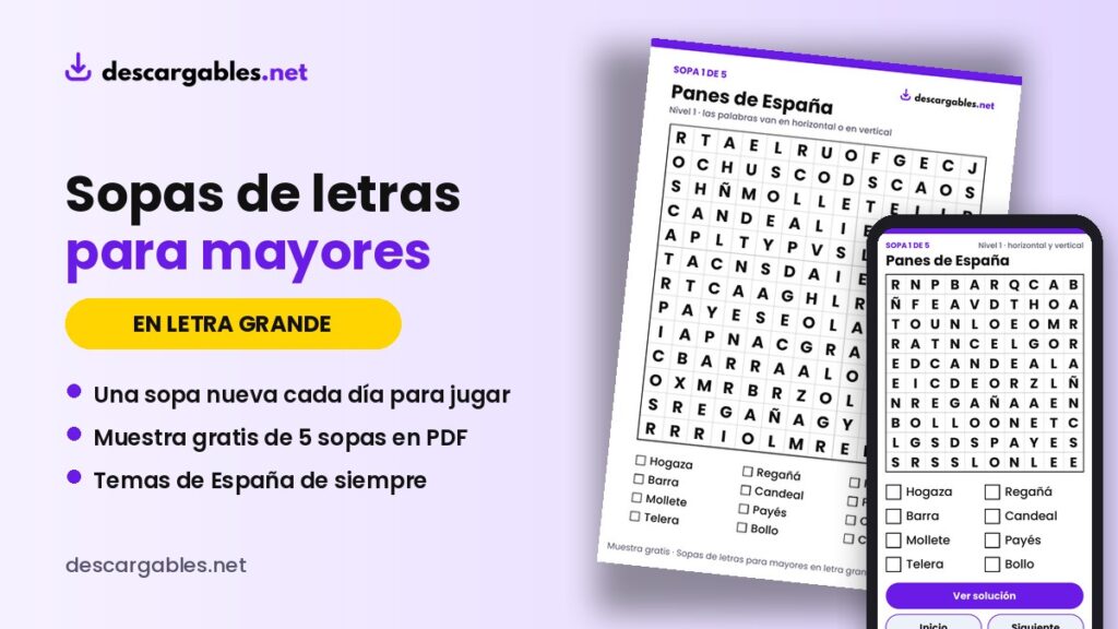 Sopas de letras para mayores en letra grande: muestra gratis para imprimir, tablet y móvil