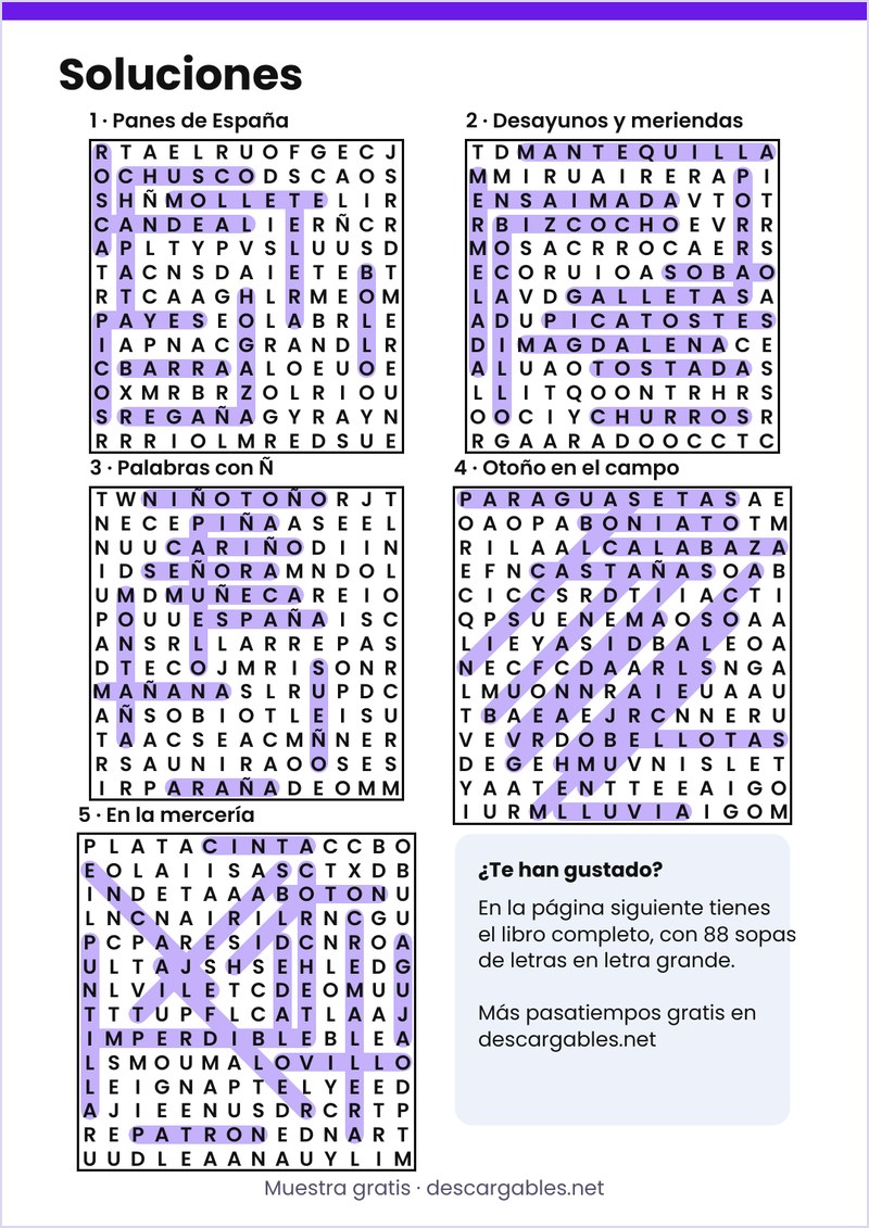 Soluciones de las sopas de letras para mayores de la muestra gratis