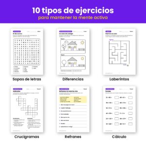 Seis tipos de ejercicios de memoria para mayores: sopas de letras, diferencias, laberintos, crucigramas, refranes y cálculo
